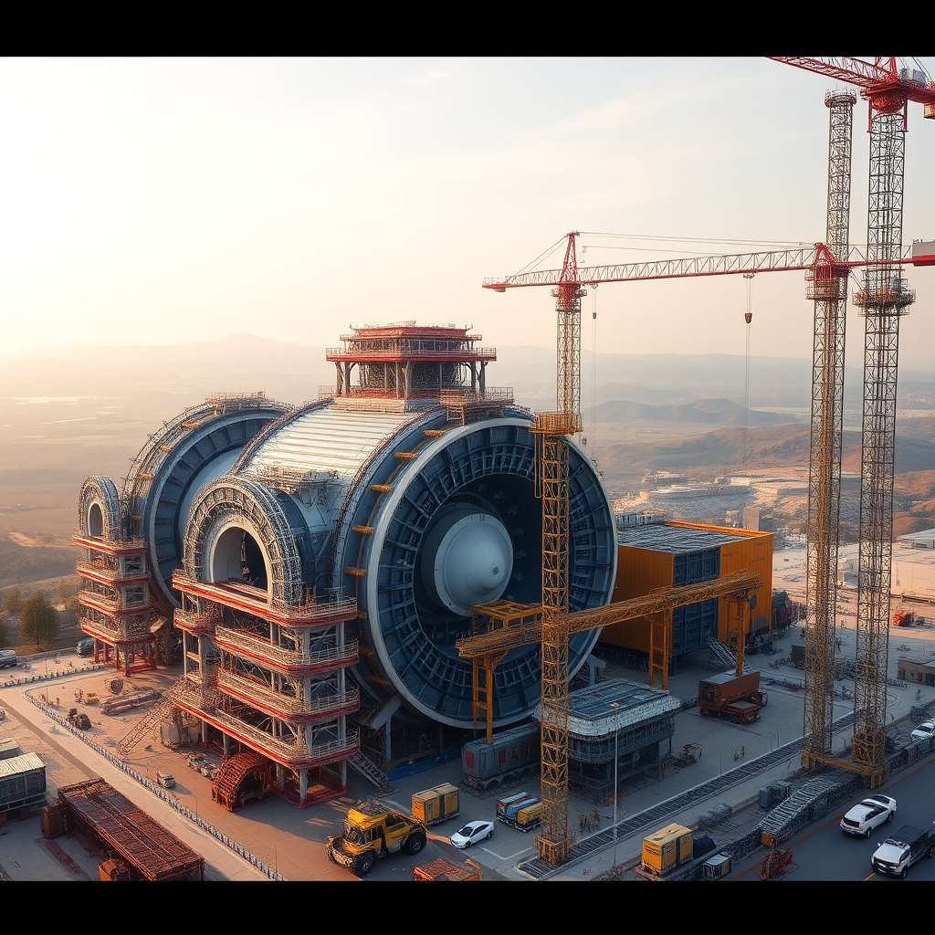 Комплекс термоядерного реактора ITER в процессе строительства, показывающий масштабные инженерные конструкции и технологическое оборудование для управляемого термоядерного синтеза